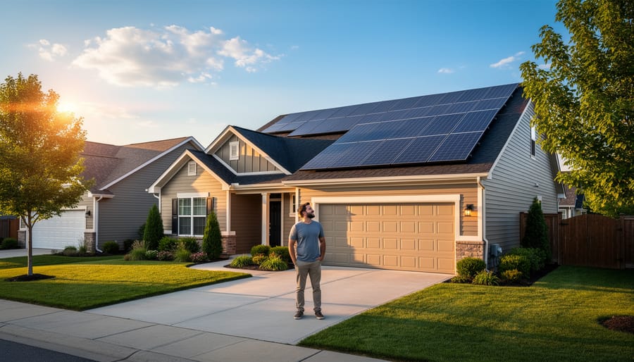 Modern suburban home with rooftop solar panel installation