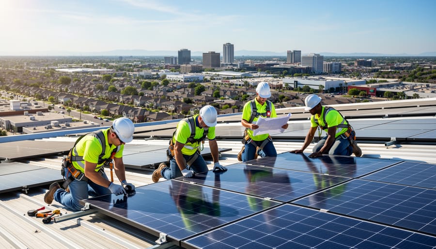 Construction workers installing solar panels on racking system at job site
