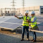 Two engineers in safety vests and hard hats examine bifacial solar panels on single-axis trackers at a utility-scale solar farm in warm evening light, with distant transmission lines, substation, and a modern factory softly blurred in the background.