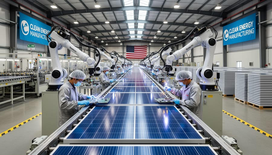 Interior of solar panel manufacturing facility with automated production line