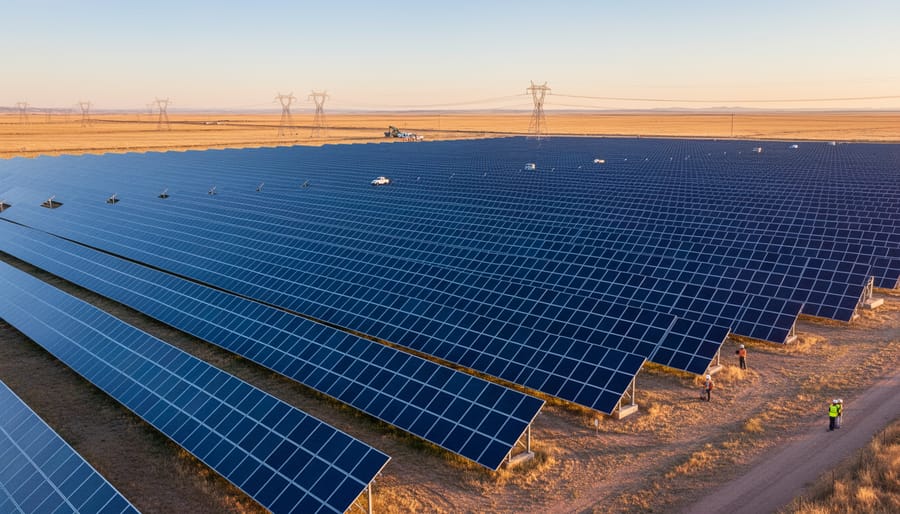 Aerial view of utility-scale solar farm with rows of photovoltaic panels