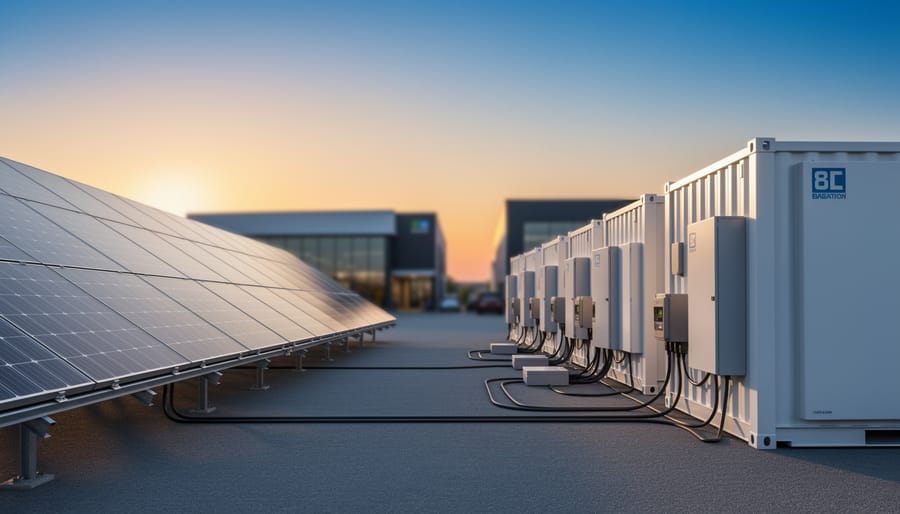 Battery energy storage units near a solar farm at dusk