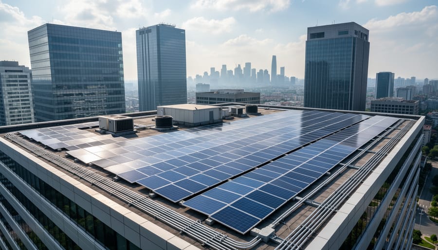 Solar panels installed on a corporate office rooftop with a wind turbine visible in the background