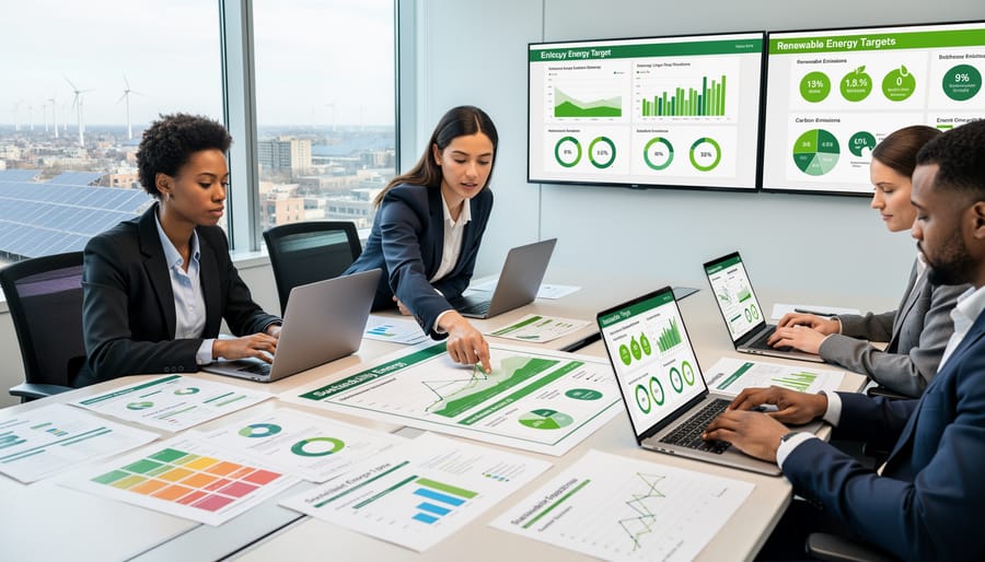 Sustainability professional reviewing ESG documents in a modern office setting