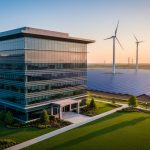 Modern U.S. corporate office building with solar panels and wind turbines in the background under golden hour lighting