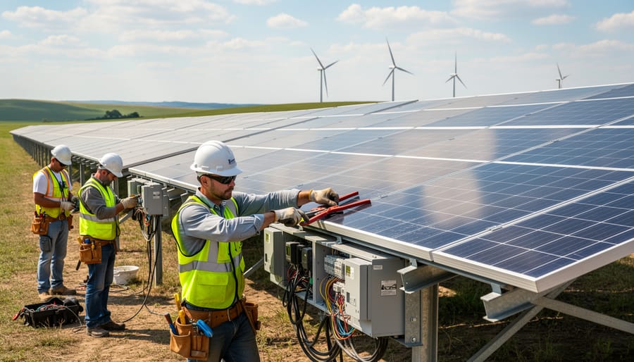 Wind turbine construction crew working on a renewable energy site