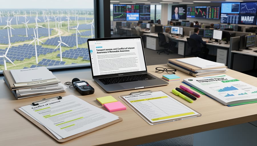 Editorial workspace with documents and a microphone under a desk lamp, with a renewable facility blurred in the background
