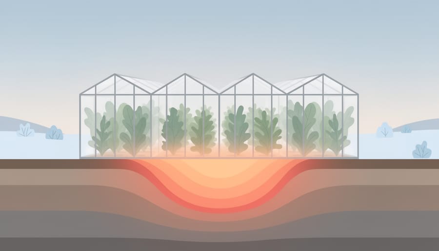 Greenhouse glasshouses warmed by geothermal energy glow with healthy plants inside.