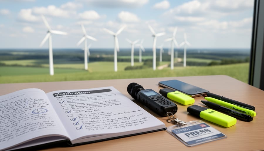 Notebook and safety glasses beside a small field weather meter with wind turbines blurred in the background
