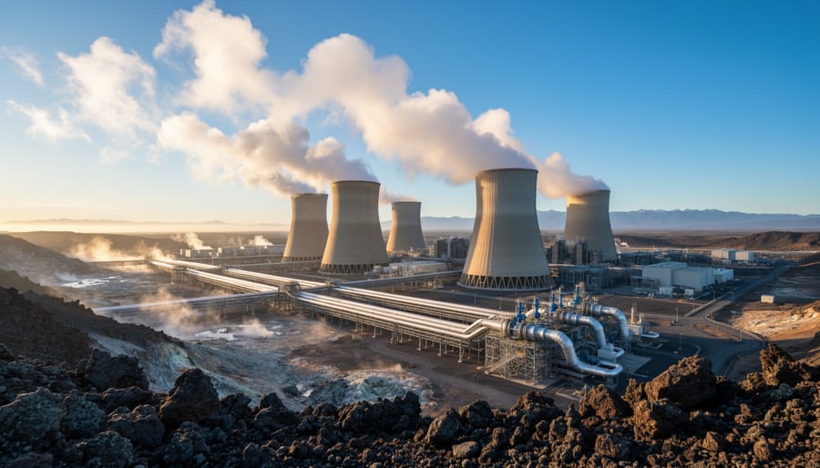 Steam rises from a geothermal power plant cooling tower area under an overcast sky.
