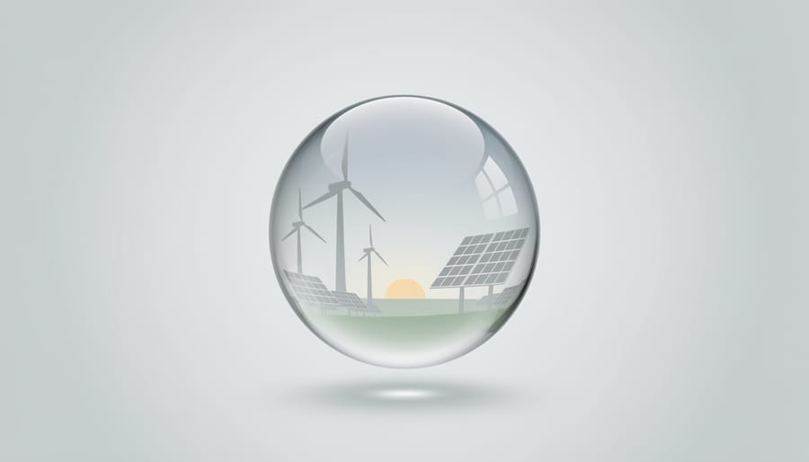 Transparent glass sphere reflecting solar panels and wind turbines in warm golden-hour light