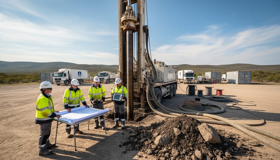 Workers and a geothermal drilling rig at a field site with rocky terrain in the background.