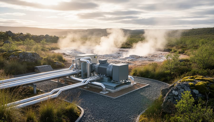 Geothermal pipelines and equipment near a steaming ground vent in a natural landscape