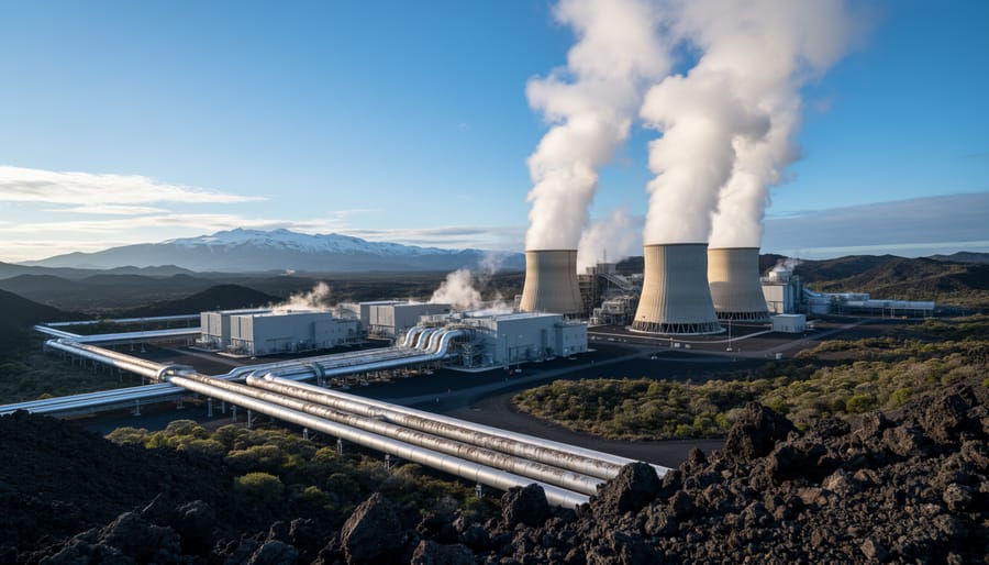 Steam rising from a geothermal power plant facility in a landscape