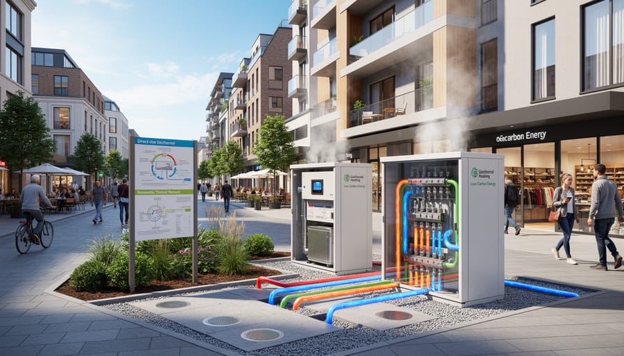 Insulated pipes for geothermal district heating running alongside a landscaped neighborhood street