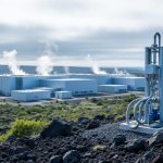 Modern geothermal power plant with steam vents rising from the facility in a rocky outdoor landscape under soft daylight.