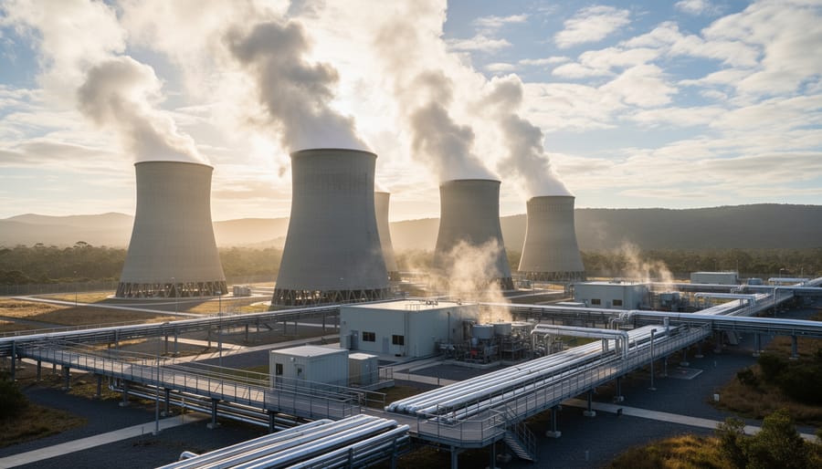 Geothermal power plant with cooling towers emitting steam into the atmosphere