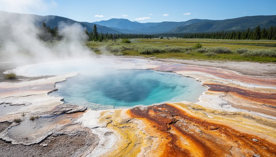 Steam rising from rocky geothermal ground near mineral-stained thermal features
