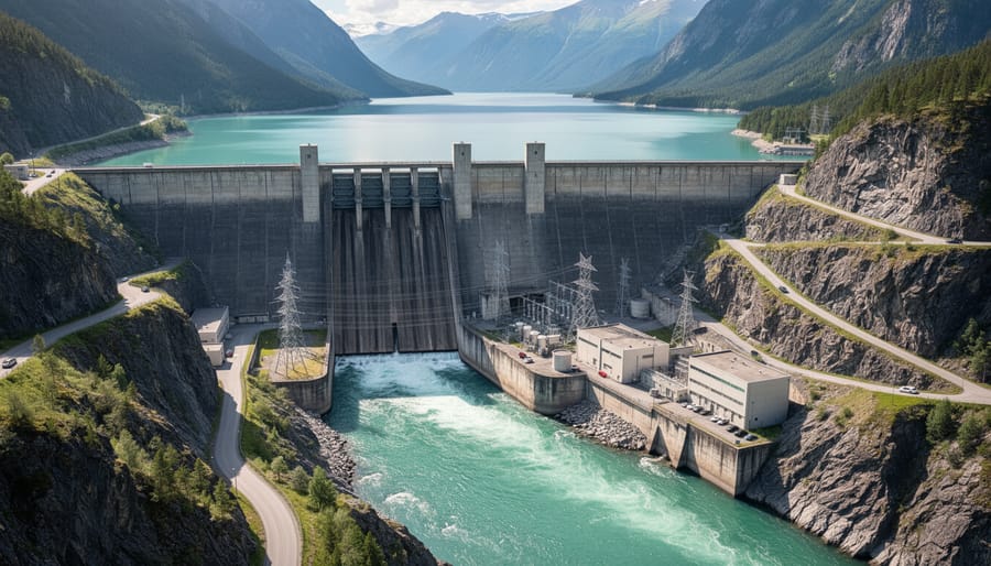 Wide shot of a concrete hydroelectric dam and reservoir at golden hour