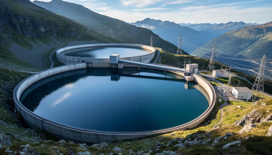 High-angle view of two reservoirs in a pumped-storage hydroelectric facility
