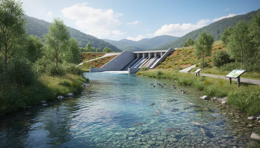 Clear river water with ripples and restored vegetation downstream near hydro infrastructure