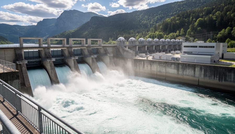 Rushing water near turbine infrastructure at a hydroelectric power plant